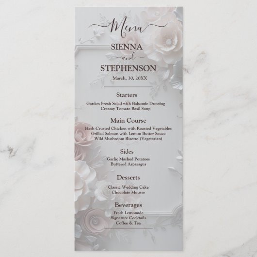 Rustiek Elegant 3D Bloemen Trouwmenu Menu (Voorkant)