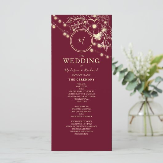 Rustiek Elegant Bourgogne bruiloft programma Programmakaart (Staand voorkant)