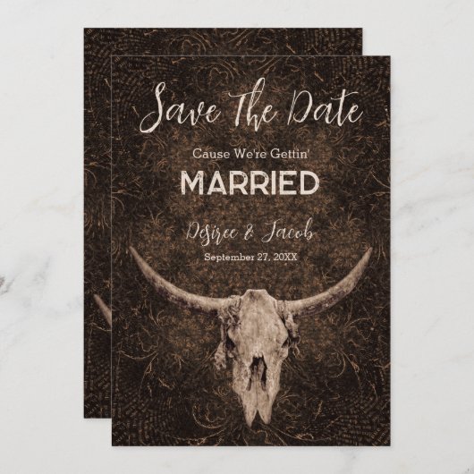 Rustiek Elegant Bruin Western Bull Skull Save The Date (Voorkant / Achterkant)