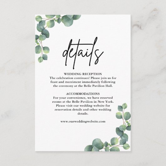 Rustiek Elegant Eucalyptus Groen Trouwdetails Informatiekaartje (Voorkant)