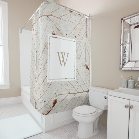 Rustiek Elegant Fall Leaves Taupe Monogram Douchegordijn (In situ)