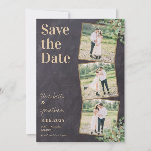 Rustiek Elegant Groen Custom 3 Fotocollage Save The Date (Voorkant)