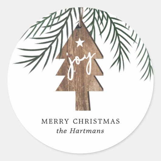 Rustiek Elegant Houten Boom Joy Ornament Kerst Ronde Sticker (Voorkant)