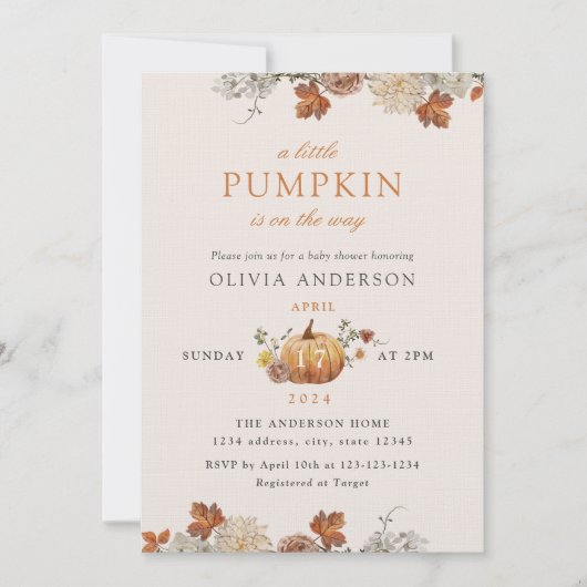Rustiek Elegant Little Pumpkin Herfst Baby shower Kaart (Voorkant)