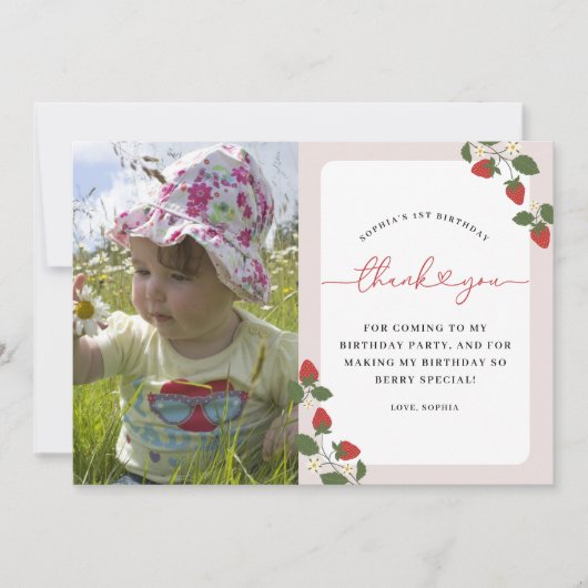 Rustiek Elegant Meisje Berry Eerste Verjaardag Fot Bedankkaart (Voorkant)