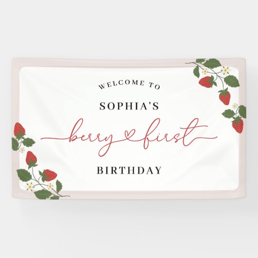 Rustiek Elegant Meisje Berry Eerste Verjaardag Wel Spandoek (Horizontaal)