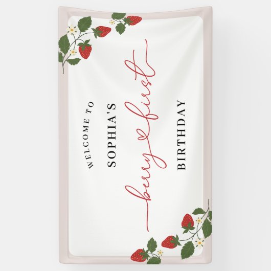 Rustiek Elegant Meisje Berry Eerste Verjaardag Wel Spandoek (Verticaal)