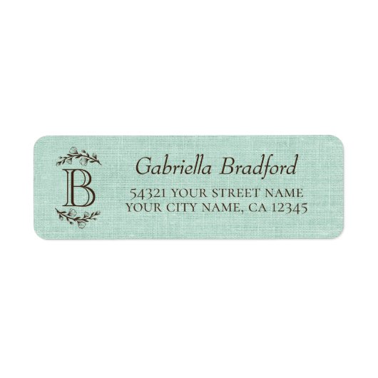 Rustiek Elegant Monogram Bloemen Blauwgroen Bruin  Etiket (Voorkant)