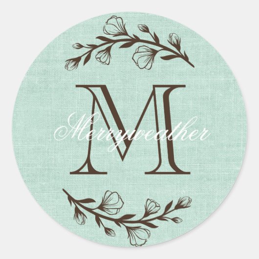 Rustiek Elegant Monogram Bloemen Blauwgroen Bruin  Ronde Sticker (Voorkant)