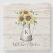 Rustiek Elegant Monogram Zonnebloem Eucalyptus Stenen Onderzetter (Voorkant)