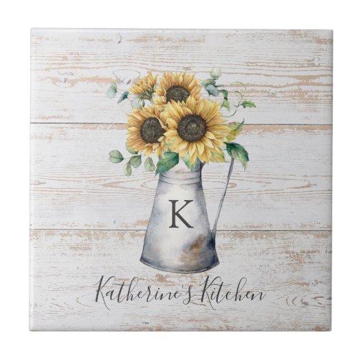 Rustiek Elegant Monogram Zonnebloem Eucalyptus Tegeltje (Voorkant)