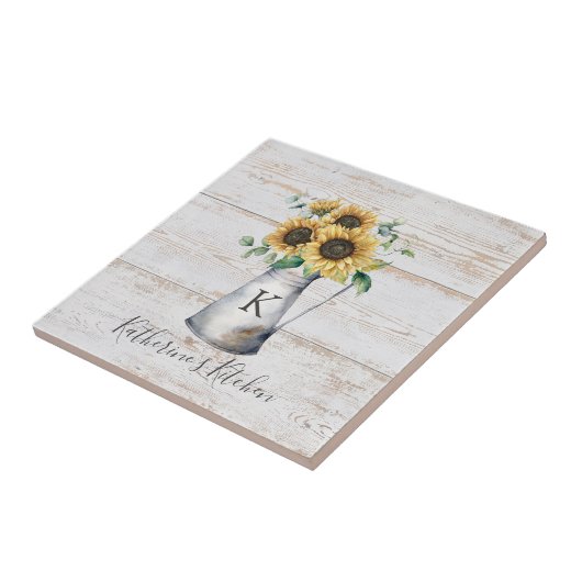 Rustiek Elegant Monogram Zonnebloem Eucalyptus Tegeltje (Zijkant)