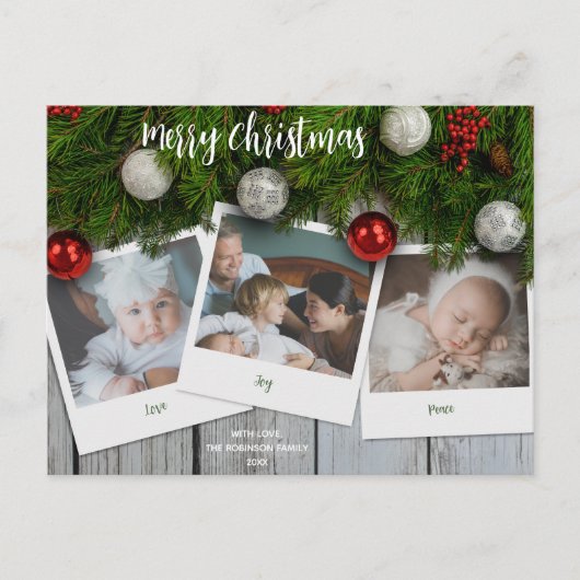 Rustiek Elegant Pine Wood Foto Vrolijk Kerstfeest Briefkaart (Voorkant)