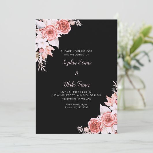 Rustiek Elegant Roze Rozen Herfst Zwart Bruiloft Kaart (Staand voorkant)