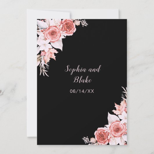 Rustiek Elegant Roze Rozen Herfst Zwart Bruiloft Kaart (Achterkant)