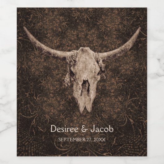 Rustiek Elegant Trouwen Bruin Western Bull Skull Wijn Etiket (Enkel label)