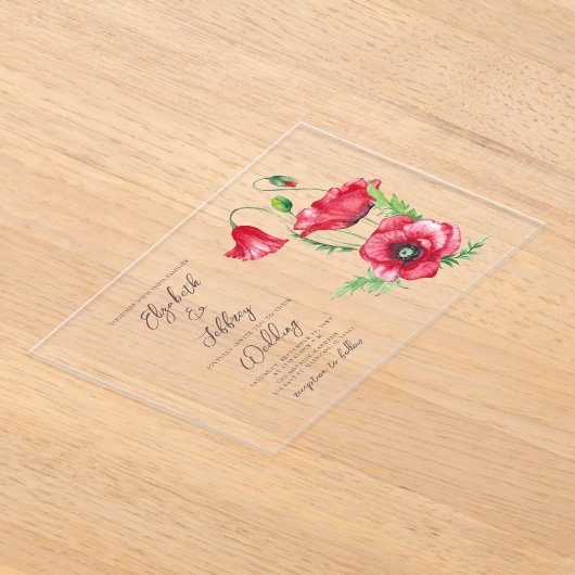 Rustiek Elegant Waterverf Script Red Poppy bruilof Acryl Uitnodigingen (Laagn)