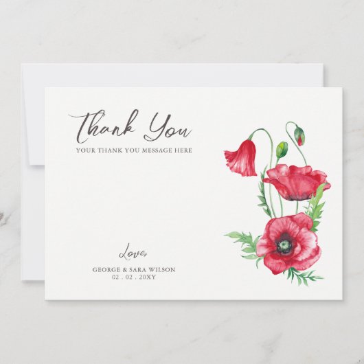 Rustiek Elegant Waterverf Script Red Poppy bruilof Bedankkaart (Voorkant)