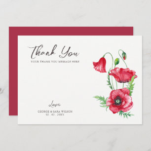 Rustiek Elegant Waterverf Script Red Poppy bruilof Bedankkaart