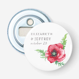 Rustiek Elegant Waterverf Script Red Poppy bruilof Button Flesopener