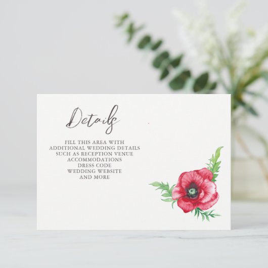 Rustiek Elegant Waterverf Script Red Poppy bruilof Informatiekaartje (Staand voorkant)
