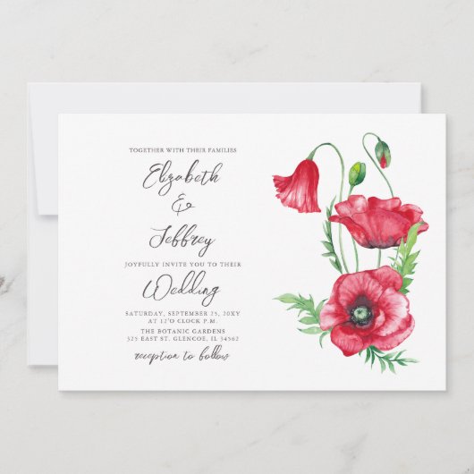 Rustiek Elegant Waterverf Script Red Poppy bruilof Kaart (Voorkant)