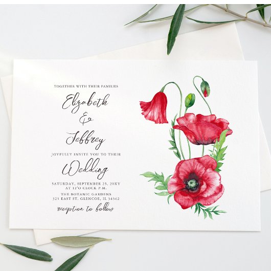 Rustiek Elegant Waterverf Script Red Poppy bruilof Kaart