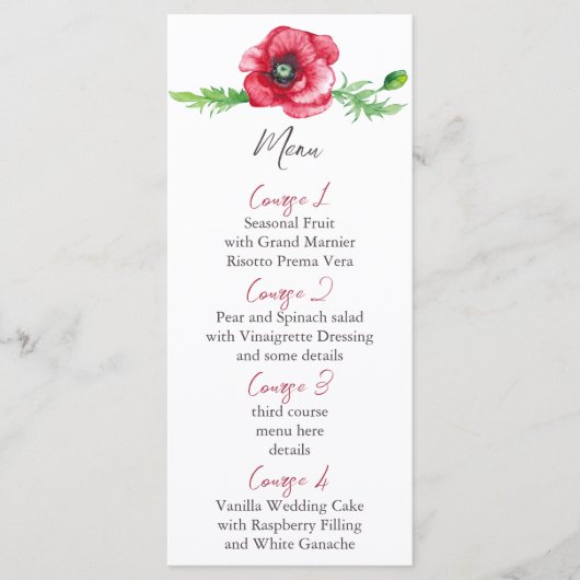 Rustiek Elegant Waterverf Script Red Poppy bruilof Menu (Voorkant)