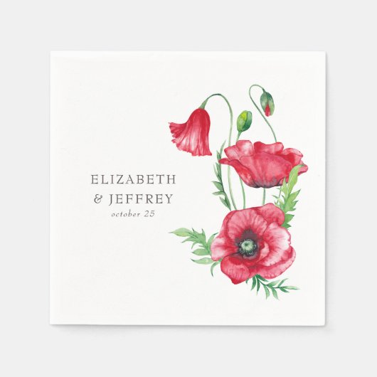 Rustiek Elegant Waterverf Script Red Poppy bruilof Servet (Voorkant)