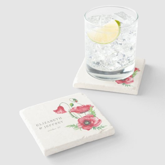 Rustiek Elegant Waterverf Script Red Poppy bruilof Stenen Onderzetter (Zijkant)