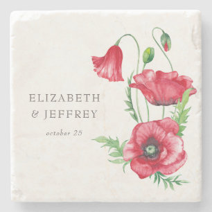 Rustiek Elegant Waterverf Script Red Poppy bruilof Stenen Onderzetter