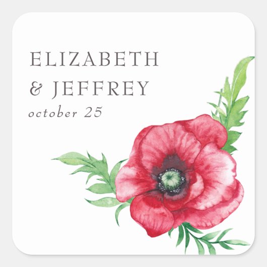 Rustiek Elegant Waterverf Script Red Poppy bruilof Vierkante Sticker (Voorkant)