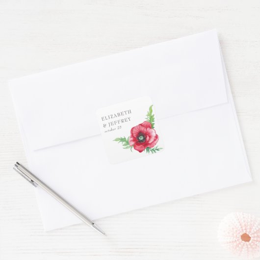 Rustiek Elegant Waterverf Script Red Poppy bruilof Vierkante Sticker (Envelop)
