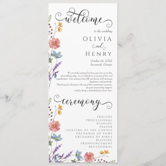 Rustiek Elegant Wildflower Tuin Huwelijksprogramma Programmakaart (Voorkant)