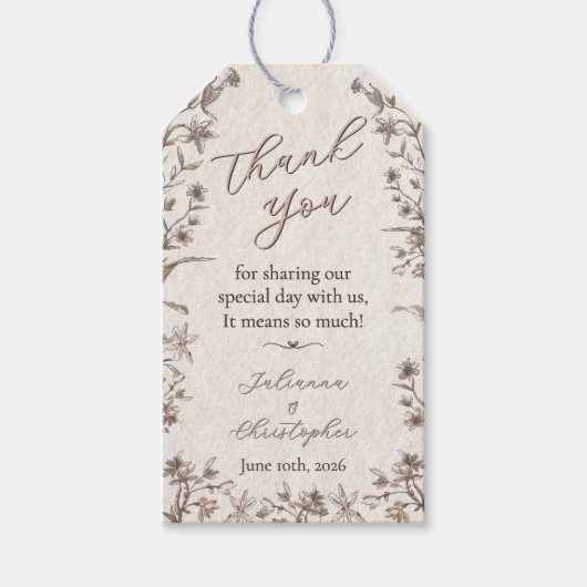 Rustiek Elegant Wildflowers Script Wedding Cadeaulabel (Voorkant)
