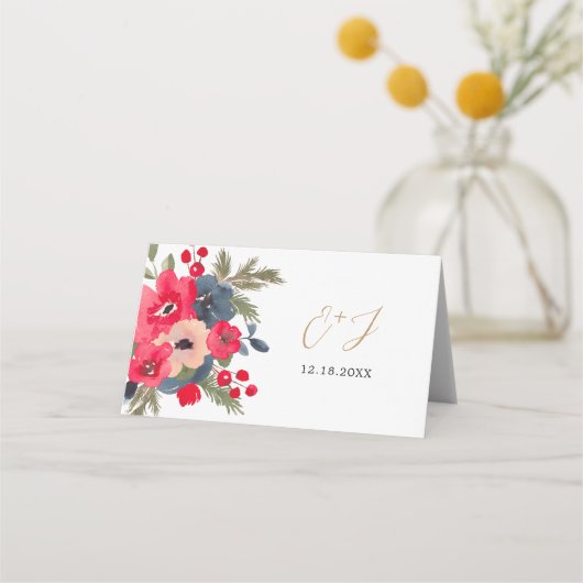 Rustiek Elegant Winter Bloemen rood groen Plaatskaartje (Achterkant)