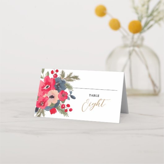 Rustiek Elegant Winter Bloemen rood groen Plaatskaartje (Voorkant)