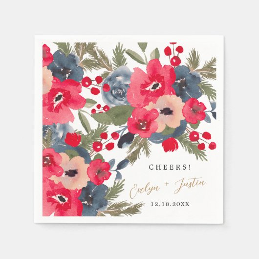 Rustiek Elegant Winter Bloemen waterverf rood groe Servet (Voorkant)