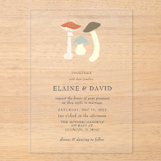 Rustiek Elegant Woodland Wild Champignons Bruiloft Acryl Uitnodigingen (Voorkant)