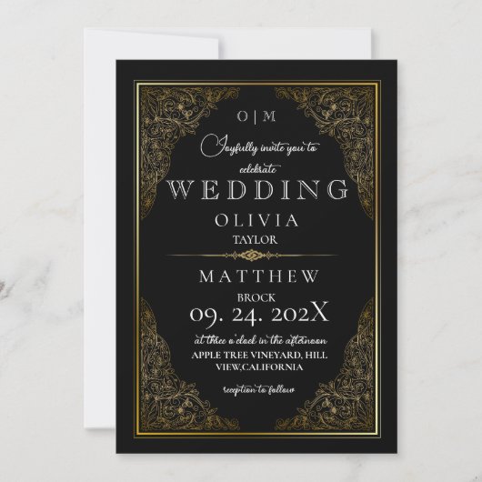 Rustiek elegant zwart goud  romantische bruiloft kaart (Voorkant)