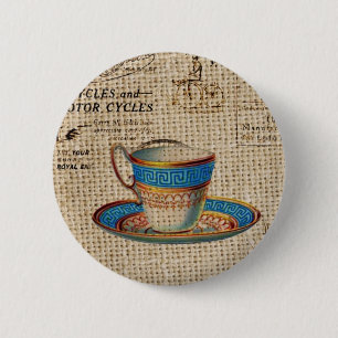 Rustiek Engels Country Tea Party Blauwe theekop Ronde Button 5,7 Cm
