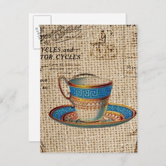 Rustiek Engels Country Tea Party Blauwe theekop Uitnodiging Briefkaart (Voorkant / Achterkant)