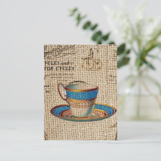 Rustiek Engels Country Tea Party Blauwe theekop Uitnodiging Briefkaart (Staand voorkant)