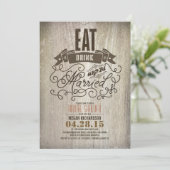 Rustiek eten drink en getrouwd vrijgezellenfeest kaart (Staand voorkant)
