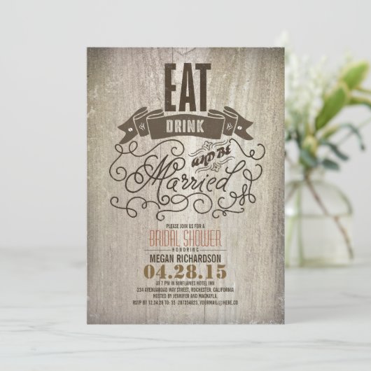 Rustiek eten drink en getrouwd vrijgezellenfeest kaart (Staand voorkant)