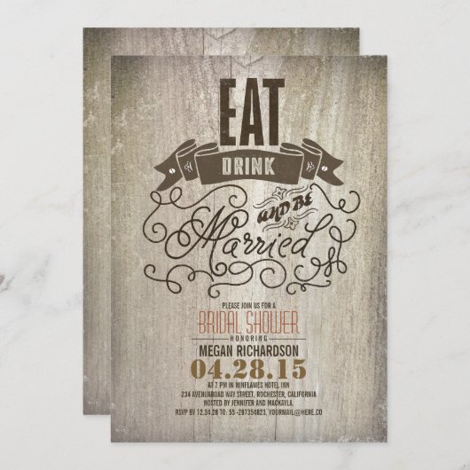 Rustiek eten drink en getrouwd vrijgezellenfeest kaart (Voorkant / Achterkant)