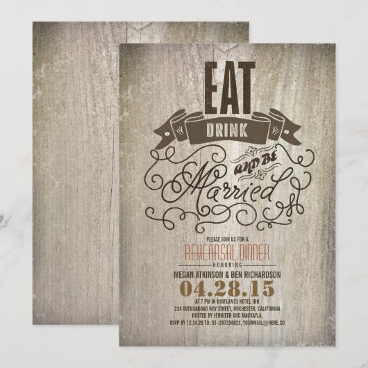Rustiek eten drink en getrouwd zijn repetitie dine kaart (Voorkant / Achterkant)