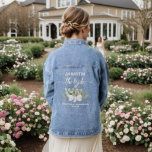 Rustiek eucalyptus boeket de bruid bruiloft cadeau denim jacket<br><div class="desc">Deze bruiloft thema denim jas is ontworpen als een geschenk voor de bruid of bruid te zijn. Het beschikt over een rustiek boho chique ontwerp met een cluster van handbeschilderde waterverf eucalyptus bladeren en tuin groen gebonden met een witte satijnen boog. De titel luidt "de bruid" in scriptletters en er...</div>
