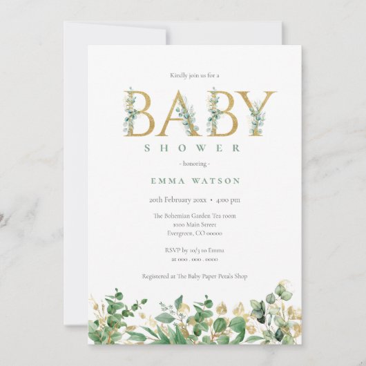 Rustiek Eucalyptus Golden Letters Baby shower Kaart (Voorkant)