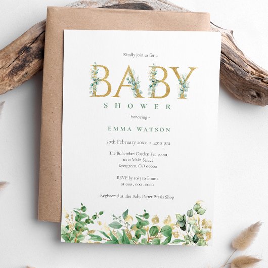 Rustiek Eucalyptus Golden Letters Baby shower Kaart